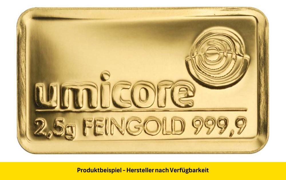 umicore_feingold_goldbarren_2x5_gramm Goldbarren 2,5 Gramm Feingold | Beispielbild