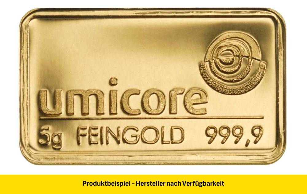 umicore_feingold_goldbarren_5_gramm Goldbarren 5 Gramm Feingold | Beispielbild
