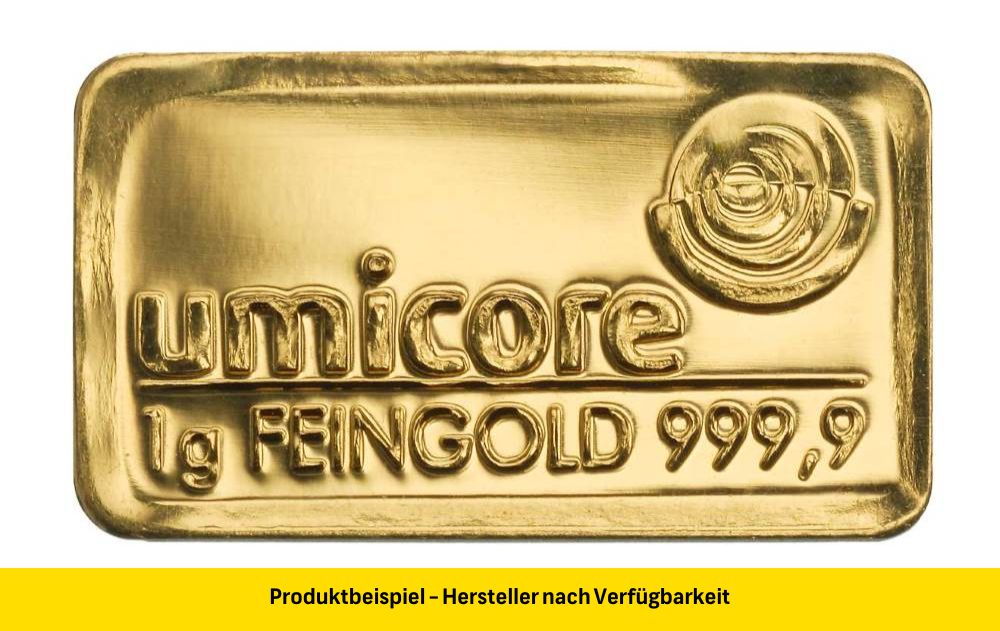 umicore_feingold_goldbarren_1_gramm Goldbarren 1 Gramm Feingold | Beispielbild
