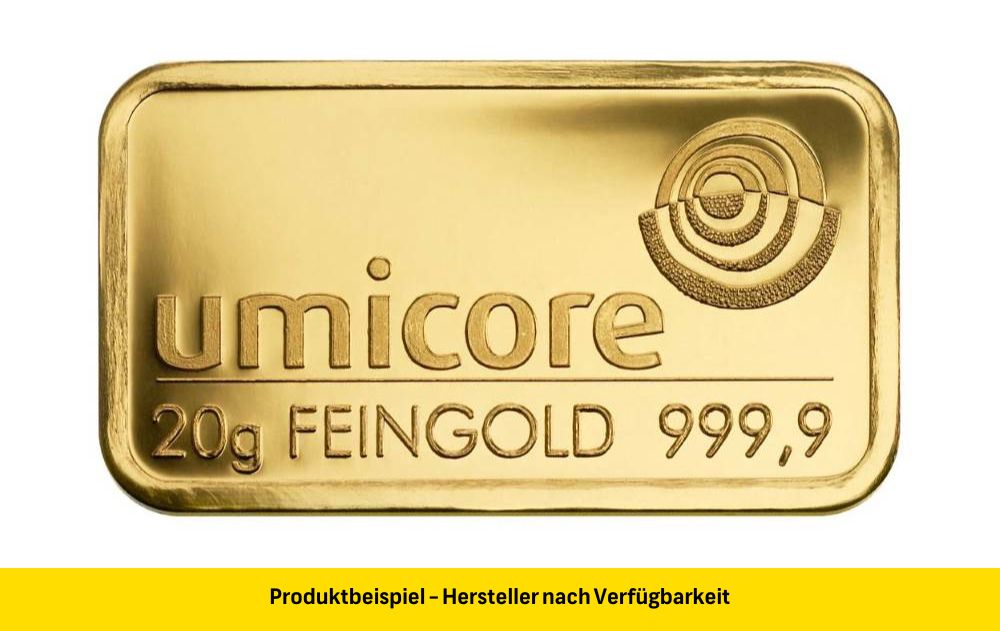 umicore_feingold_goldbarren_20_gramm Goldbarren 20 Gramm Feingold | Beispielabbilung