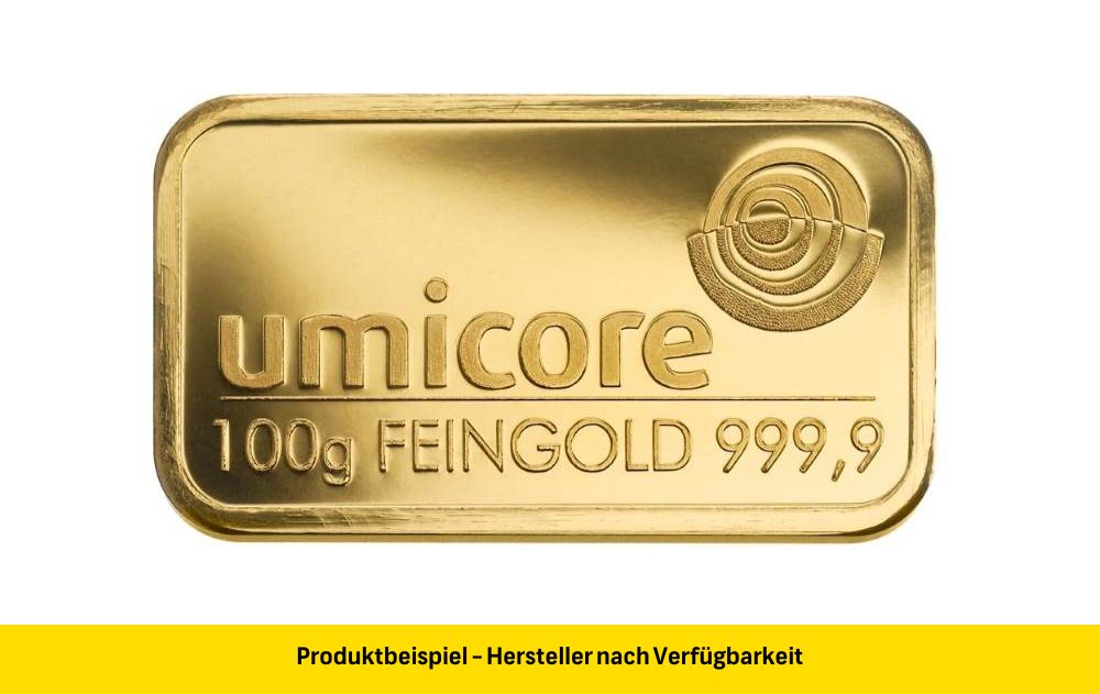 umicore_feingold_goldbarren_100_gramm Goldbarren 100 Gramm Feingold | Beispielbild