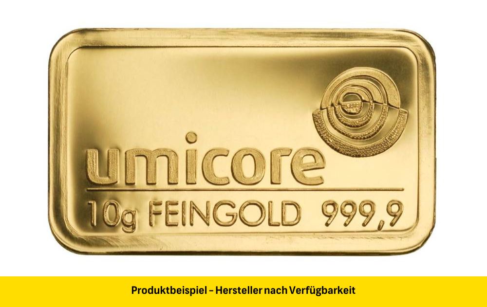 umicore_feingold_goldbarren_10_gramm Goldbarren 10 Gramm Feingold | Beispielbild